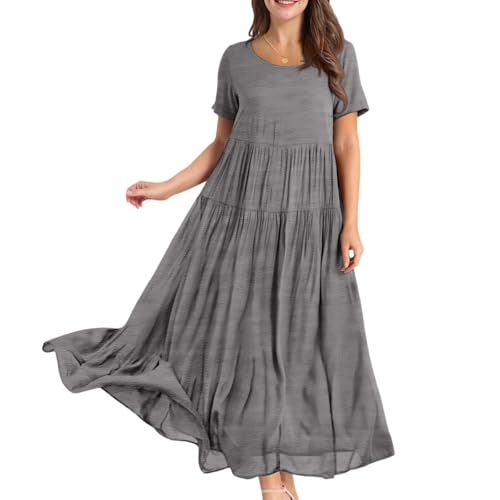 Damen Sommerkleid Lang A Linie Plissee Kleider Damen Sommer Maxi Elegant Weite Sommerkleider Leicht Und Luftig Maxikleider Frauen Sommer Kurzarm Rundhals Strandkleid Luftig Einfarbig Kleid von ZRYAZQ