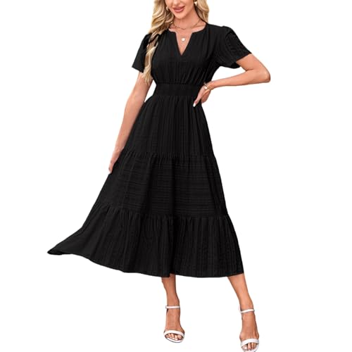 Damen Sommerkleid Lang Rüschen A Linie Sommerkleider Damen Leicht Und Luftig Boho Kleider Sommer Elegant Maxi V Ausschnitt Maxikleid Frauen Sommer Kurzarm Plissee Kleid Tailliert mit Taschen von ZRYAZQ