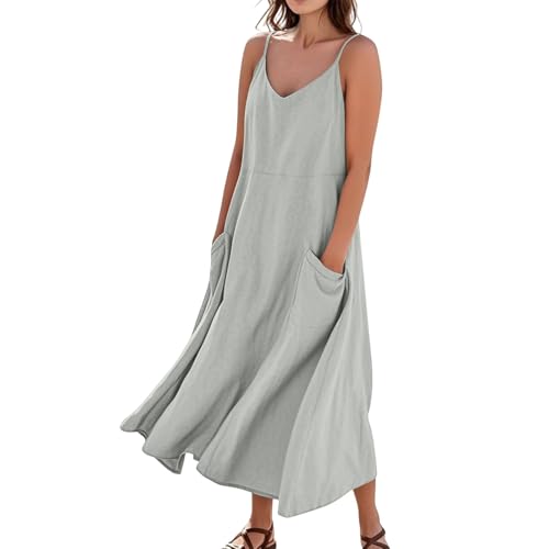 Damen Sommerkleid Lang V Ausschnitt Spaghettiträger Kleider Damen Sommer A Linie Baumwolle Leinen Trägerkleid Sommer Maxi mit Taschen Sommerkleider Frauen Leicht Und Luftig Strandkleid Lang von ZRYAZQ