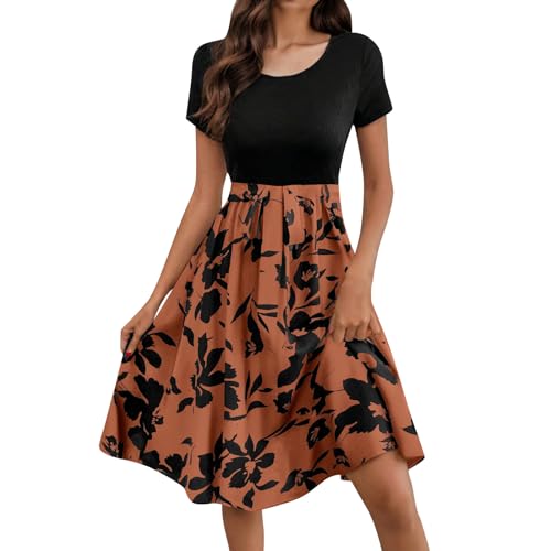 Damen Sommerkleid Midi Floral A Linie Kleider Damen Sommer Elegant Lang Patchwork Blumen Sommerkleider Leicht Und Luftig Midikleid Frauen Sommer Kurzarm mit Gürtel Blumenkleid Schwingen Kleid von ZRYAZQ
