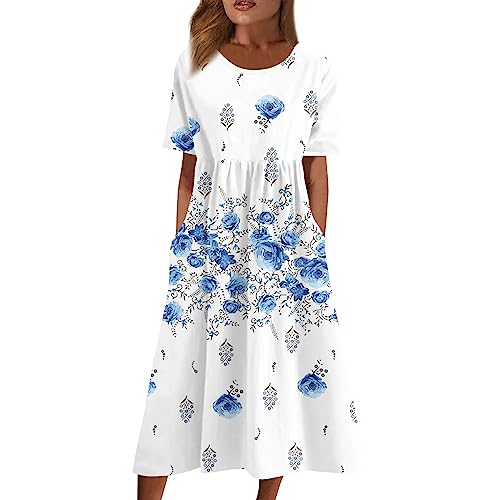 Damen Sommerkleid Midi Kurzarm Blumen Sommerkleider Damen Leicht Und Luftig Lang Italienische Kleider Sommer Elegant A Linie Midikleid Floral mit Taschen Kleid Frauen Sommer Lang Blumenkleid von ZRYAZQ