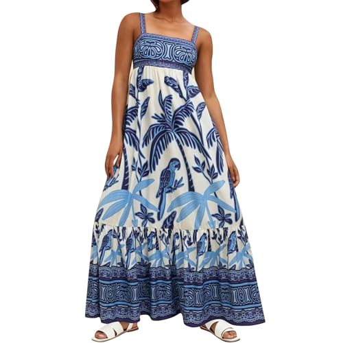 Damen Trägerkleid Boho Lang Sommerkleid Damen Elegant A Linie Rüschen Maxikleid Sommer Träger Blumen Sommerkleider Leicht Und Luftig Maxi Kleider Bohemian Empire Strandkleid Rückenfrei Sundress von ZRYAZQ