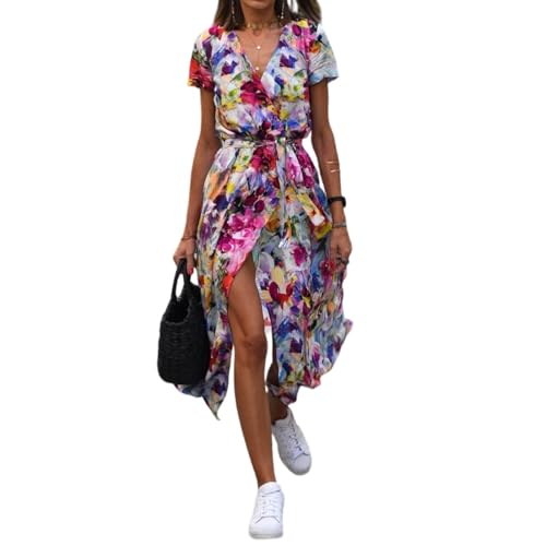 Damen Wickelkleid Midi V Ausschnitt Kurzarm Sommerkleid Damen Lang Blumen Midikleid Elegant A Linie mit Gürtel Sommerkleider Leicht und Luftig Italienische Kleider Frauen Sommer Blumenkleid von ZRYAZQ