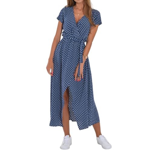 Damen Wickelkleid Midi V Ausschnitt Kurzarm Sommerkleid Damen Lang Blumen Midikleid Elegant A Linie mit Gürtel Sommerkleider Leicht und Luftig Italienische Kleider Frauen Sommer Blumenkleid von ZRYAZQ