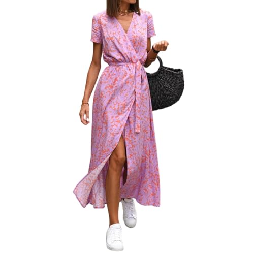 Damen Wickelkleid Midi V Ausschnitt Kurzarm Sommerkleid Damen Lang Blumen Midikleid Elegant A Linie mit Gürtel Sommerkleider Leicht und Luftig Italienische Kleider Frauen Sommer Blumenkleid von ZRYAZQ