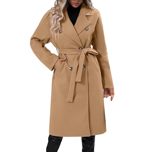 Damen Wintermantel Lang Revers Zweireihiger Mantel Damen Elegant Winddicht Warme Wollmantel Damen Winter Trenchcoat Damen Lange A-Linie Winterjacke mit Gürtel Damenmantel mit Taschen Outwear von ZRYAZQ