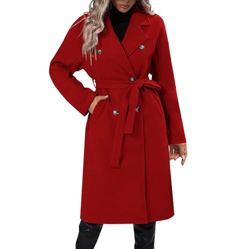 Damen Wintermantel Lang Revers Zweireihiger Mantel Damen Elegant Winddicht Warme Wollmantel Damen Winter Trenchcoat Damen Lange A-Linie Winterjacke mit Gürtel Damenmantel mit Taschen Outwear von ZRYAZQ
