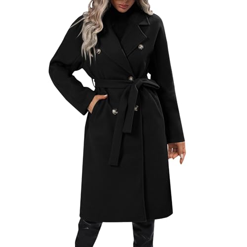Damen Wintermantel Lang Revers Zweireihiger Mantel Damen Elegant Winddicht Warme Wollmantel Damen Winter Trenchcoat Damen Lange A-Linie Winterjacke mit Gürtel Damenmantel mit Taschen Outwear von ZRYAZQ