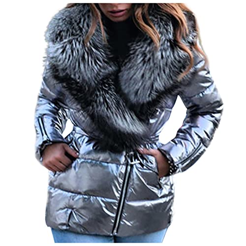Daunenjacke Damen Winter Warm Glänzend Steppjacke Damen Leicht mit Kapuze Daunenmantel mit Gürtel und Fellkapuze Steppmantel Reflektierend mit Taschen Winterjacke Warme Wintermantel Zipper von ZRYAZQ