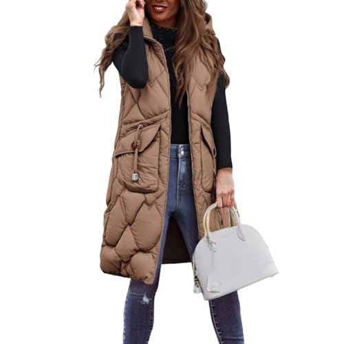 Daunenweste Damen Lang mit Kapuze Steppweste Damen Leicht Ärmellos Weste Winter Warm Elegant Westen Daunen Mittellang Weste Frauen Stehkragen Stepp Longweste mit Taschen Zipper Tailliert von ZRYAZQ