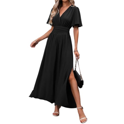 Elegante Kleider Damen Lang Festlich Sommerkleid Damen V Ausschnitt A Linie Maxi Sommerkleider Leicht Und Luftig Elegant Kleid Hochzeitsgast Frauen Kurzarm mit Beinschlitz Maxikleid Tailliert von ZRYAZQ