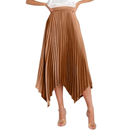 Faltenrock Damen Lang Unregelmäßig Langer Rock Damen Elegant Festlich Hochzeit Plisseerock Midi A Linie Satin Röcke Sommer Skirt Long Damenrock Midirock Plissee Sommerrock Leicht und Luftig von ZRYAZQ
