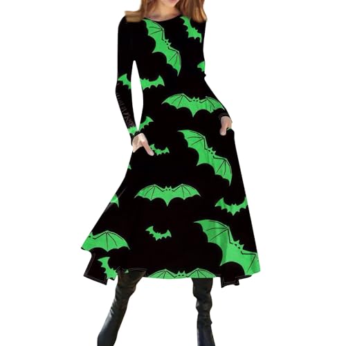 Halloween Kostüm Damen Fledermaus Bedruckt Kleid Damen Langarm A-Linien Winterkleid Damen Lang mit Taschen Halloween Karneval Kostüm Damen Kleid Midi Kleider Frauen Lässig Herbstkleid von ZRYAZQ