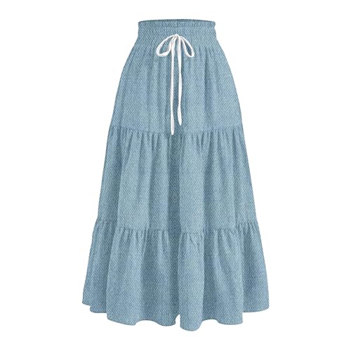Jeansrock Damen Lang A Linie Rüschen Rock Damen Sommer Midi mit Gummizug Röcke Elegant Denim Skirt Jeans Lange Sommerrock Leicht und Luftig Damenrock Midirock mit Kordelzug Volant Skirts von ZRYAZQ