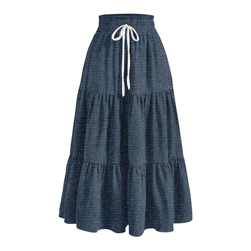 Jeansrock Damen Lang A Linie Rüschen Rock Damen Sommer Midi mit Gummizug Röcke Elegant Denim Skirt Jeans Lange Sommerrock Leicht und Luftig Damenrock Midirock mit Kordelzug Volant Skirts von ZRYAZQ
