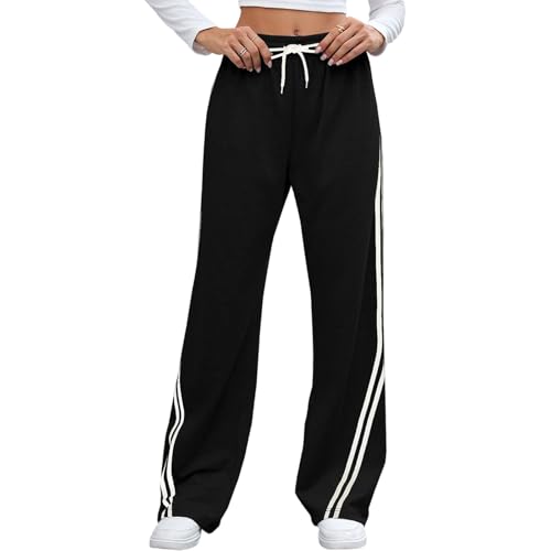 Jogginghose Damen Baggy Lang Palazzo Hose Damen High Waist Jogging Hosen Mit Streifen An Der Seite Sporthose Gummizug Mit Taschen Damenhosen Breite Bein Hip Hop Freizeithose Stylische Streetwear von ZRYAZQ