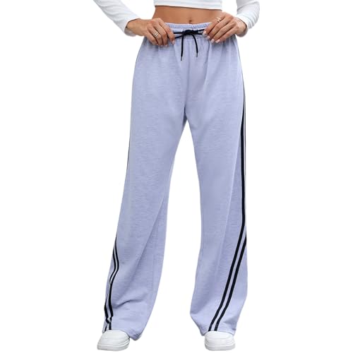 Jogginghose Damen Baggy Lang Palazzo Hose Damen High Waist Jogging Hosen Mit Streifen An Der Seite Sporthose Gummizug Mit Taschen Damenhosen Breite Bein Hip Hop Freizeithose Stylische Streetwear von ZRYAZQ