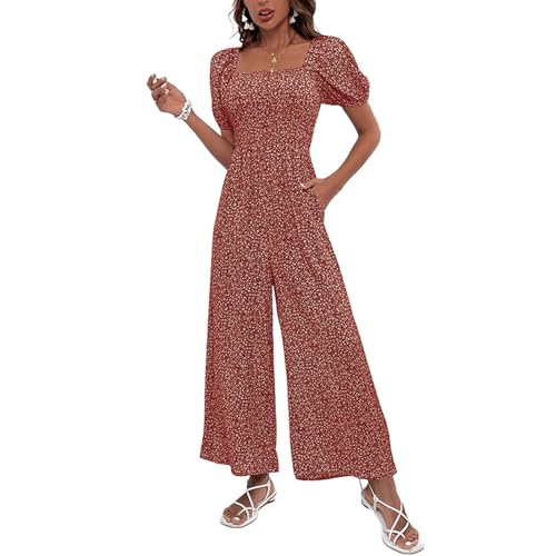 Jumpsuit Damen Elegant Lang Gesmoktes Boho Overall Damen Sommer Punkte Kurzarm Weites Bein Jumpsuits Rückenfrei Puffärmel Playsuit Romper Sommer Quadratischer Kragen Hosenanzug Frauen Einteiler von ZRYAZQ