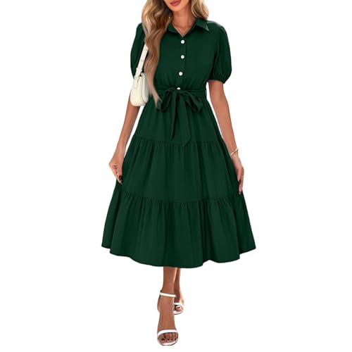 Kleid A Linie Damen Elegant Midi mit Knöpfen Sommerkleid Damen Lang Rüschen mit Gürtel Midikleid Festlich Kurzarm Schwingen Sommerkleider Leicht Und Luftig Kleider Frauen Sommer Puffärmel von ZRYAZQ