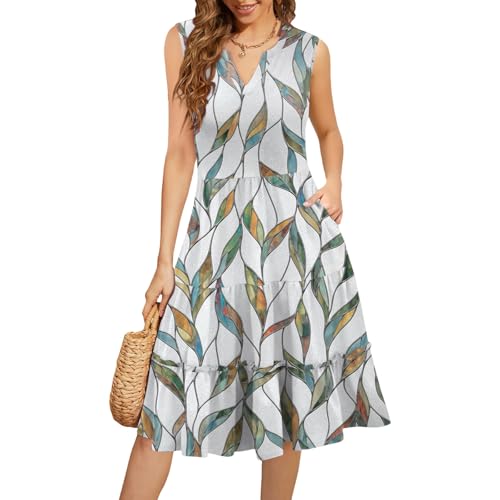 Kleid Boho Damen Lang Rüschen A Linie Sommerkleid Damen Midi V Ausschnitt Kleider Sommer Elegant Blumen Ärmellos Sommerkleider Leicht Luftig Strandkleid Böhmisches Midikleid Sommer mit Taschen von ZRYAZQ