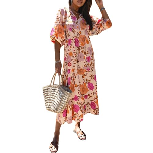 Kleid Boho Damen Lang V Ausschnitt 3/4 Ärmel Sommerkleid Damen Leicht Blumen A Linie Bohemian Kleider Sommer Maxi Sommerkleider Leicht Und Luftig Maxikleid Frauen Sommer Elegant Geblümt von ZRYAZQ