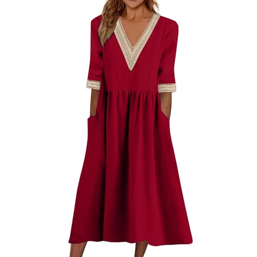 Kleid Damen Lang Sommer Boho Ibiza Kleider Halbarm V Ausschnitt Sommerkleid Damen Elegant A Linie Leinen Maxi Sommerkleider Leicht Und Luftig Maxikleider Frauen Bohemian mit Taschen Strandkleid von ZRYAZQ