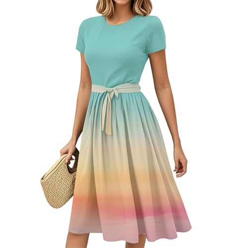 Kleid Damen Plissee Sommer Lang Sommerkleid Damen Elegant A Linie mit Gürtel Kleider Sommer Midi Muster Sommerkleider Leicht und Luftig Midikleider Frauen Kurzarm Bedruckt Damenkleider Freizeit von ZRYAZQ