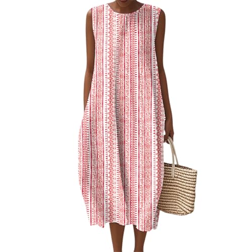 Kleid Damen Sommer Lang Ärmellos Geblümtes Sommerkleid Damen Midi A Linie Boho Kleider Sommer Elegant Blumen Strandkleid Leicht und Luftig Sommerkleider Midikleid Frauen Locker Rundhals Casual von ZRYAZQ