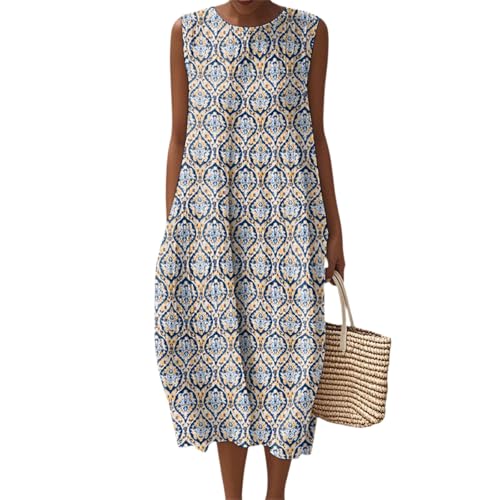 Kleid Damen Sommer Lang Ärmellos Geblümtes Sommerkleid Damen Midi A Linie Boho Kleider Sommer Elegant Blumen Strandkleid Leicht und Luftig Sommerkleider Midikleid Frauen Locker Rundhals Casual von ZRYAZQ