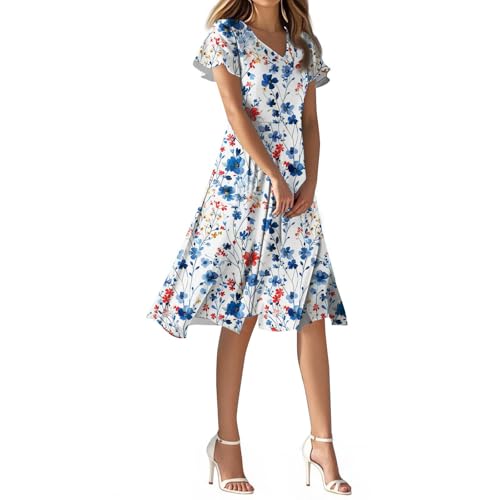 Kleid Damen Sommer Midi A Linie Geblümt Sommerkleid Damen Lang V Ausschnitt Sommerkleider Leicht Und Luftig Midikleid Frauen Elegant Blumen Kurzarm Italienische Kleider Sommer Blumenkleid von ZRYAZQ