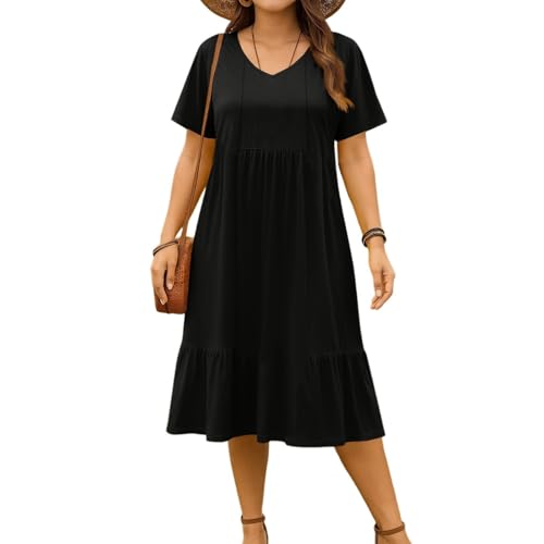 Kleid Für Mollige Damen Lang Rüschen A Linie Midikleid Damen Sommer Große Größen Kurzarm Sommerkleid Midi Elegant V Ausschnitt Kleider Mollig Frauen Volant Lange Sommerkleider Leicht Und Luftig von ZRYAZQ