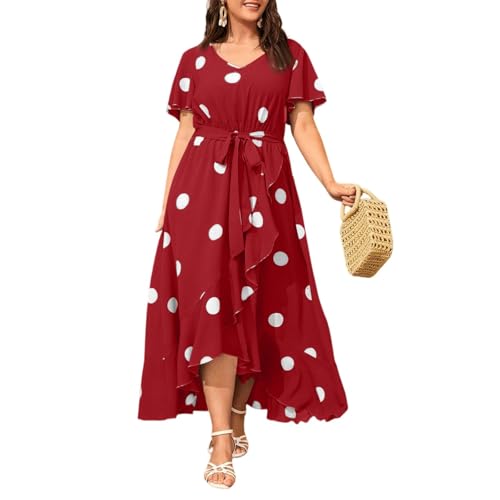Kleid Gepunktet Damen Lang Rüschen Große Größen Sommerkleid Damen A Linie mit Gürtel Elegant Kleid Für Mollige Sommer V Ausschnitt Punkte Maxi Sommerkleider Leicht Und Luftig Maxikleider Kurzarm von ZRYAZQ