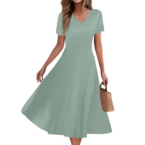 Kleid Sommer Damen Lang Luftig A Linie Sommerkleid Damen Midi V Ausschnitt Elegant Sommerkleider Leicht Und Luftig Midikleid Frauen Kurzarm Einfarbig Kleider Sommer A-Linien Freizeitkleider von ZRYAZQ
