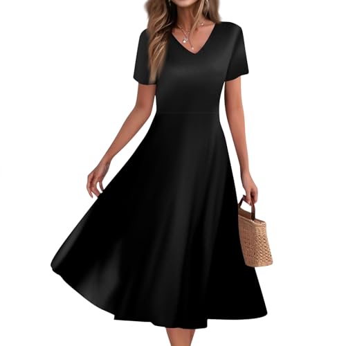 Kleid Sommer Damen Lang Luftig A Linie Sommerkleid Damen Midi V Ausschnitt Elegant Sommerkleider Leicht Und Luftig Midikleid Frauen Kurzarm Einfarbig Kleider Sommer A-Linien Freizeitkleider von ZRYAZQ