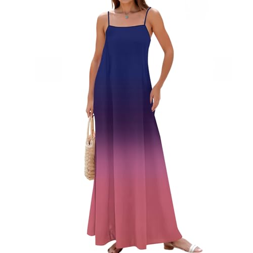 Kleid Sommer Damen Lang Spaghettiträger Kleider Damen Sommer Elegant A Linie Sommerkleid Maxi Trägerkleid Farbverlauf Sommerkleider Leicht mit Taschen Strandkleid Luftig Rückenfrei Maxikleider von ZRYAZQ