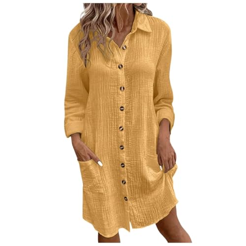 Kleider Damen Knielang Langarm A Linie Musselin Kleid Damen mit Knopfleiste Elegant Sommerkleid Knielanges Hemdkleid Sommer mit Taschen Kragen Sommerkleider Leicht und Luftig Strandkleid von ZRYAZQ