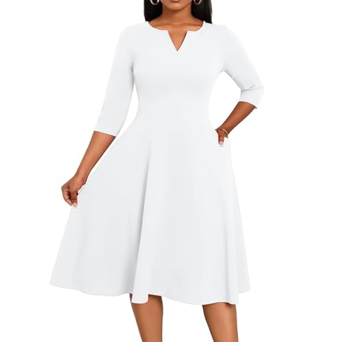 Kleider Damen Lang 3/4 Ärmel Sommer Kleid Damen Elegant Festlich Midi Sommerkleid A Linie V Ausschnitt Midikleid Sommer Curvy mit Taschen Sommerkleider Leicht und Luftig Damenkleider Einfarbig von ZRYAZQ