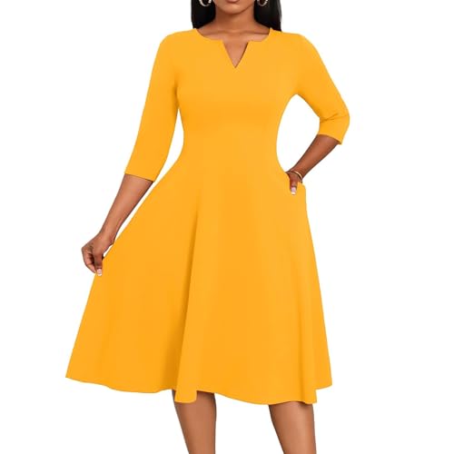 Kleider Damen Lang 3/4 Ärmel Sommer Kleid Damen Elegant Festlich Midi Sommerkleid A Linie V Ausschnitt Midikleid Sommer Curvy mit Taschen Sommerkleider Leicht und Luftig Damenkleider Einfarbig von ZRYAZQ