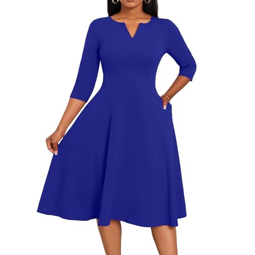 Kleider Damen Lang 3/4 Ärmel Sommer Kleid Damen Elegant Festlich Midi Sommerkleid A Linie V Ausschnitt Midikleid Sommer Curvy mit Taschen Sommerkleider Leicht und Luftig Damenkleider Einfarbig von ZRYAZQ