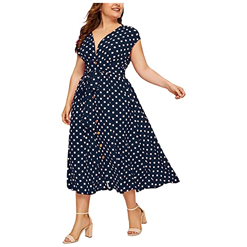 Kleider Damen Lang Sommer Große Größen Punkte Sommerkleid Damen Elegant V Ausschnitt mit Knöpfen Kleid A Linie Für Mollige Frauen Kurzarm Maxi mit Gürtel Sommerkleider Mollig Leicht und Luftig von ZRYAZQ