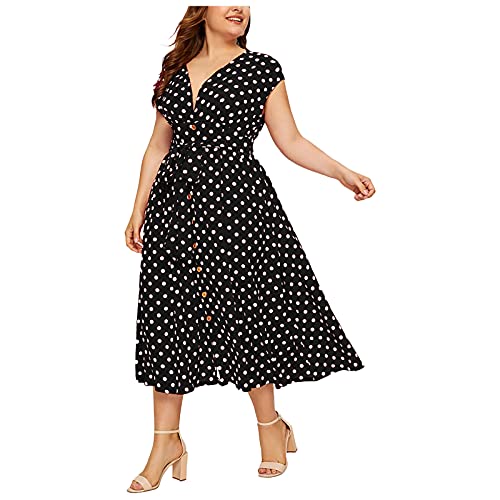 Kleider Damen Lang Sommer Große Größen Punkte Sommerkleid Damen Elegant V Ausschnitt mit Knöpfen Kleid A Linie Für Mollige Frauen Kurzarm Maxi mit Gürtel Sommerkleider Mollig Leicht und Luftig von ZRYAZQ
