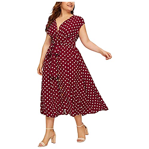 Kleider Damen Lang Sommer Große Größen Punkte Sommerkleid Damen Elegant V Ausschnitt mit Knöpfen Kleid A Linie Für Mollige Frauen Kurzarm Maxi mit Gürtel Sommerkleider Mollig Leicht und Luftig von ZRYAZQ