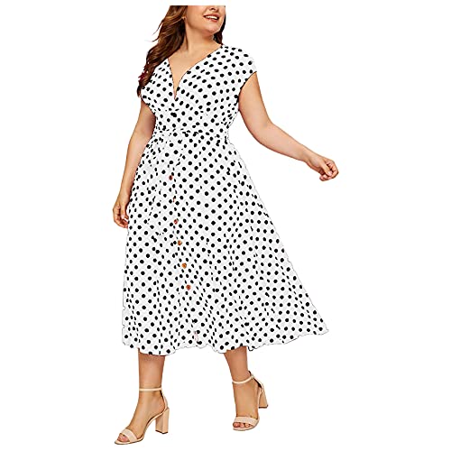 Kleider Damen Lang Sommer Große Größen Punkte Sommerkleid Damen Elegant V Ausschnitt mit Knöpfen Kleid A Linie Für Mollige Frauen Kurzarm Maxi mit Gürtel Sommerkleider Mollig Leicht und Luftig von ZRYAZQ