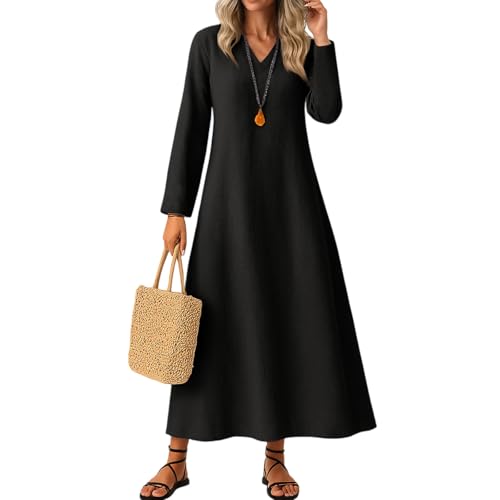Kleider Damen Langarm Baumwolle Leinen Herbstkleid Lang A Linie Kleid Damen Elegant V Ausschnitt Frühling Maxi Sommerkleid Leicht Maxikleider Frauen Einfarbig Lange Frühlingskleid Casual von ZRYAZQ