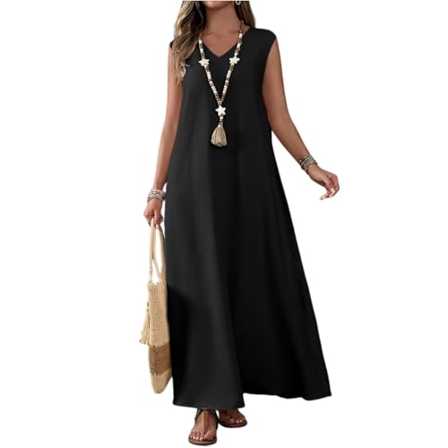 Kleider Damen Sommer Ärmellos Lang mit Schlitz Sommerkleid Damen Leicht A Linie Maxi Sommerkleider Leicht Und Luftig Strandkleid Maxikleider Sommer V Ausschnitt Elegant Boho Kleid Freizeit von ZRYAZQ