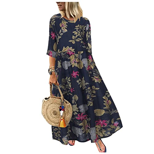 Kleider Damen Sommer Blumen Lang Elegant Sommerkleider Damen Leicht Und Luftig Italienische Kleid Sommer Maxi 3/4 Ärmel Sommerkleid A Linie Weite Maxikleid Plissee Luftige Strandkleid Floral von ZRYAZQ