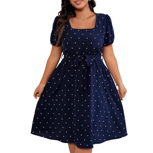 Kleider Damen Sommer Für Mollige Lang Punkte Sommerkleid Damen Midi A Linie mit Gürtel Sommerkleider Leicht Und Luftig Elegant Midikleid Frauen Sommer Kurzarm Gepunktet Kleid Große Größen von ZRYAZQ