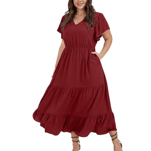 Kleider Damen Sommer Große Größen Lang Sommerkleid Damen Boho Elegant V Ausschnitt Maxikleid Kurzarm A Linie Italienische Kleider Für Mollige Frauen Sommer Maxi Sommerkleider Leicht Und Luftig von ZRYAZQ