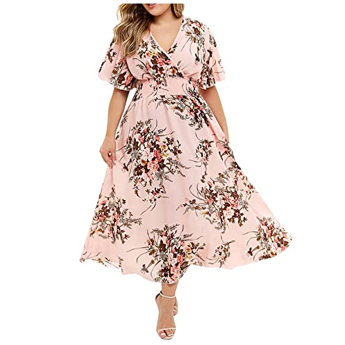 Kleider Damen Sommer Große Größen Lang Sommerkleid Damen Boho Elegant V Ausschnitt Maxikleid Kurzarm A Linie Italienische Kleider Für Mollige Frauen Sommer Maxi Sommerkleider Leicht Und Luftig von ZRYAZQ