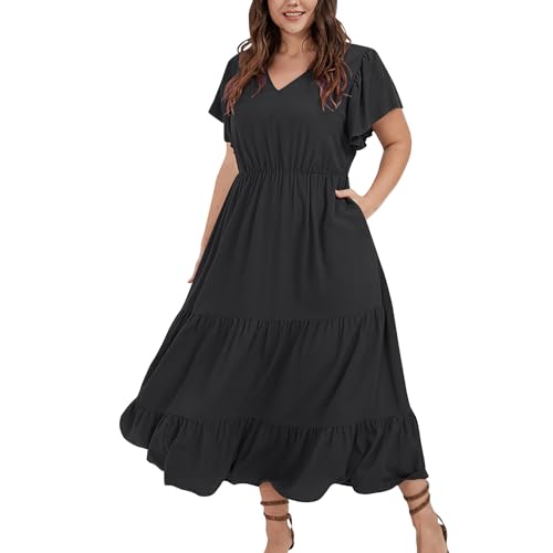 Kleider Damen Sommer Große Größen Lang Sommerkleid Damen Boho Elegant V Ausschnitt Maxikleid Kurzarm A Linie Italienische Kleider Für Mollige Frauen Sommer Maxi Sommerkleider Leicht Und Luftig von ZRYAZQ